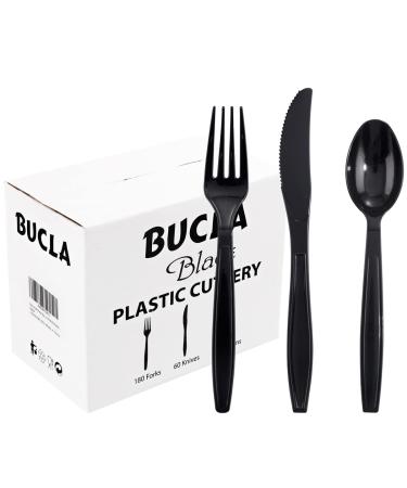 BUCLA 360 Pieces Plastic Silverware Heavy Duty -Disposable Plastic Cutlery- Black Heavyweight Disposable Plastic Utensils Include 180 Plastic Forks, 120 Plastic Spoons, 60 Plastic Knives for New Year