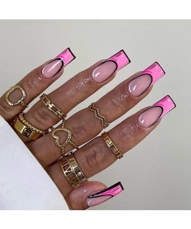 24 Piece Pink Comic Nails Long Press on Nails  Wsimily French Acrylic Fake Nails Cartoon Square False Nails Artificial Fingernails Manicure Decoration with 24 Adhesive Tabs for Women Girls