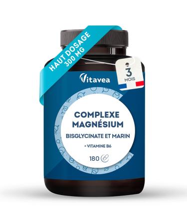 Magnesium Bisglycinate and Marin Vitamin B6 - High Dosage 300 mg - Fatigue Stress Sleep - 180 Vegetable Capsules 3 Months - High Assimilation Good Tolerance - Vegan Made in France Vitavea