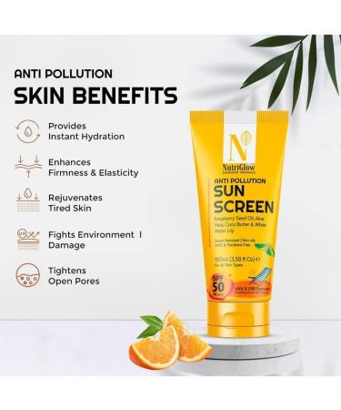 Nutriglow Advanced Organics Advanced Organics Anti Pollution Sunscreen with Alovera Coco Butter White Water Lily Raspberry Seed Oil/All Skin Types/Uva & Uvb Protection 100 Ml - Buy Online on GoSupps.com