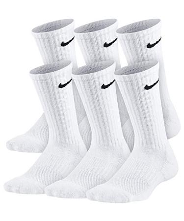 Nike Kids' Performance Cushioned Crew Training Socks (6 Pair), Girls & Boys' Socks with Cushioned Comfort & Dri-FIT Technology, White/Black, M