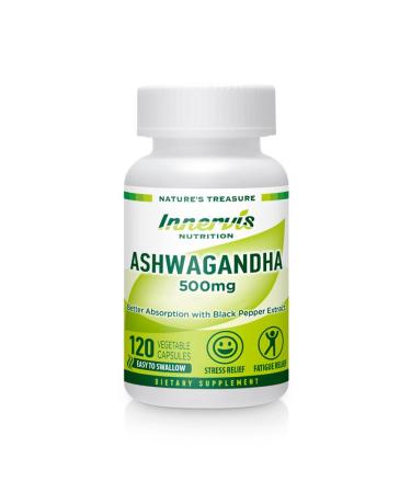 INNERVISNUTRITION Ashwagandha 500mg Stress Relief Mood Balance & Relaxation with Black Pepper 120 Vegan Capsules