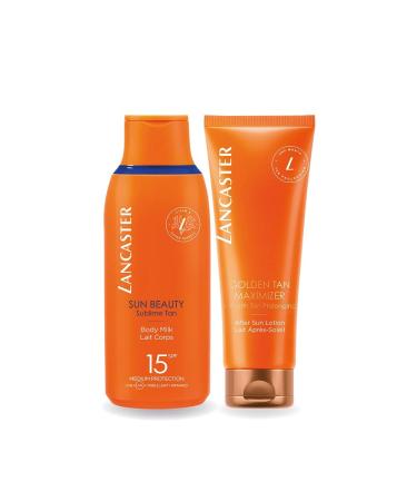 Lancaster Protect & Tan Summer Icons | Sun Beauty Body Milk SPF15 175ml + Golden Tan Maximiser After Sun 125ml Multipack
