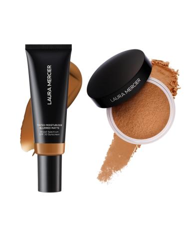 Laura Mercier Tinted Moisturizer Blurred Matte with SPF 30 24HR+ Shine Control Shade 5W Terracotta and Translucent Loose Setting Powder 24HR Shine Control Infused with Vitamins C + E Medium Deep
