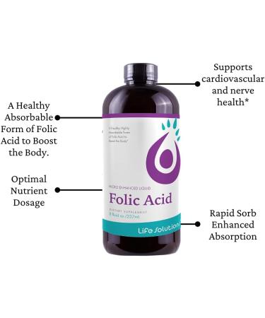 Life Solutions Liquid Folic Acid Supplement 800 mcg Vitamin B9 per Serving Berry Flavor 8 fl oz Fast Absorption Prenatal Heart & Brain Support - Buy Online on GoSupps.com