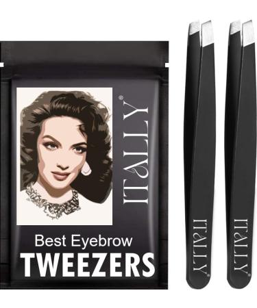 Itally Professional Eyebrow Tweezers Slant Tip Grabs any Hair Premium Stainless Steel The Best Precision Portable Beauty Tool for Eyebrows Facial Hair Ingrown Hair Fine Hair Blackhead (Black)
