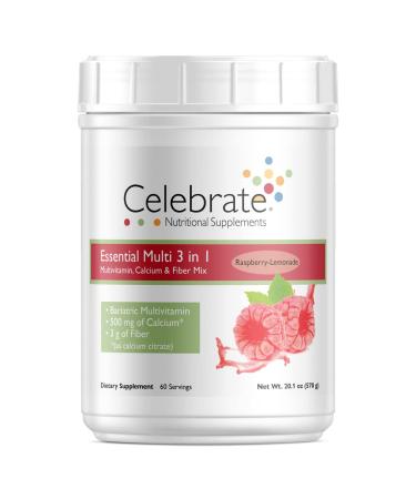 Celebrate Vitamins 3-in-1 Bariatric Multivitamin with Calcium Citrate Drink Mix 500mg Calcium for Post Bariatric Surgery Raspberry Lemonade 60 Servings