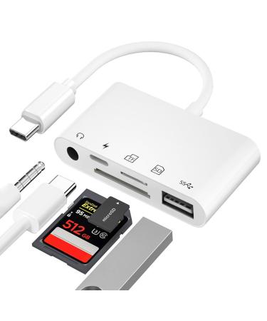 Apple MFi Certified SD Card Reader 5 in 1 Compatible with iPhone 15 Pro Max/MacBook USB C to USB OTG Adapter 3.5mm Headphone Jack SD TF Memory Camera Viewer Card Reader 5Port