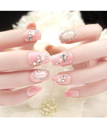 HUJL Artificial Nails Flat False Nails Light Pink Flowers Fake Nails Large Gems Rhinestone Nail Decoration Manicure Products