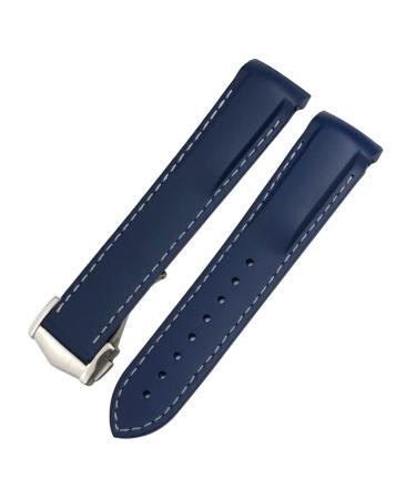 SAWIDEE 22mm Curved Rubber Watch Strap for Omega Speedmaster Moonwatch Seamaster 300 AT150 Blue/White Rose Buckle