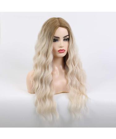 Long Wavy Blonde Synthetic Wig | Dark Root | Natural Beach Wave | Middle Part | Daily/Party/Cosplay | Platinum Blonde 26 Inch - Buy Online on GoSupps.com