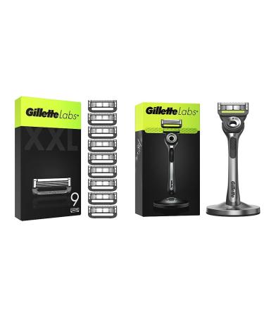 Gillette labs razor blades 9 replacement blades & labs wet razor men razor with cleaning element + 1 razor blade premium magnetic dock bundle with wet razing + 1 razor blade