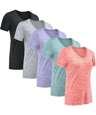 MCPORO Workout Shirts for Women Comfortable V Neck T Shirts for Women Large 5 Pack Dark Grey Light Grey Purple Pine Green Watermelon Red