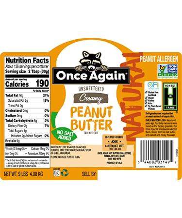 Once Again Natural Creamy Peanut Butter 9lb - Salt Free, Gluten Free, Vegan, Non-GMO - Buy Online on GoSupps.com