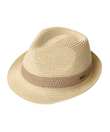 Fancet Packable Straw Fedora Panama Sun Summer Beach Hat Cuban Trilby Men Women 55-64cm Medium 16010-beige
