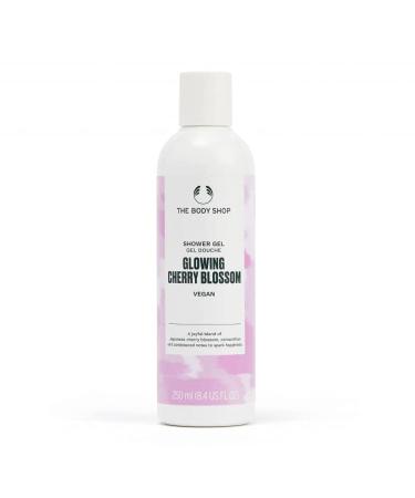 The body shop shower gel glowing cherry blossom vegan and certified product 92% natural ingredients floral fragrance bottle made of recycled plastic 250ml
