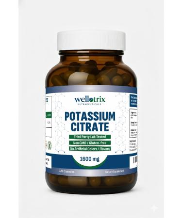 Wellotrix Potassium Citrate 1600 mg 120 Vegan Capsules Electrolyte Balance Kidney Support Urinary pH Health Non-GMO Gluten-Free Made in USA Vegan Formula