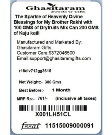 Ghasitaram Gifts Rakhi for Brother Rakhis Online - The Sparkle of Heavenly Divine Blessings for My Brother Rakhi with 100 GMS of Dryfruits Mix Can 200 GMS of Kaju katli Rakhi & 100g Dryfruits Mix Can 200g Kaju katli - Buy Online on GoSupps.com