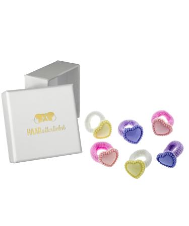 Hair -like hair tie set heart (6 partly | pink blue yellow) for girls including box for storage (box color: white)