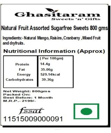 Ghasitaram Gifts Bhaidooj Gifts Sugarfree Sweets - Natural Fruit Assorted Sugarfree Sweets 800 GMS (800 GMS) - Buy Online on GoSupps.com