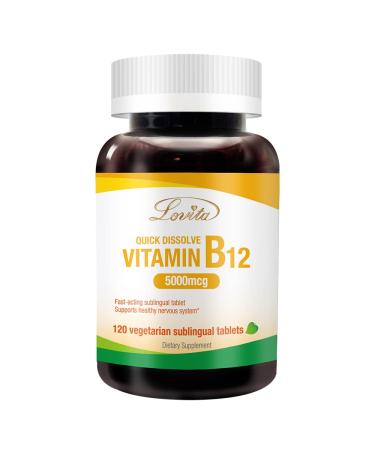 Lovita Maximum Strength B12 Vitamins 5000 mcg Quick Dissolve B12 Sublingual Tablets Support Nervous System & Energy Metabolism Non-GMO 120 Vegan Vitamin B12 Sublingual Tablets 120 Count