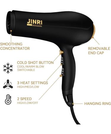 JINRI 2000 Watts Hair Dryer Professional Salon Blow Dryer Lightweight Powerful Travel Hairdryer Cool Hot Button 3 Heat & 2 Speed Settings with Concentrator Nozzle Black - Buy Online on GoSupps.com