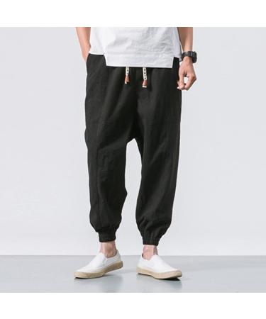 Men's Solid Cotton Trousers with Pockets | Elastic Waist & Leisure Pants | Sizes Up to XXXL in Black - Buy Online on GoSupps.com
