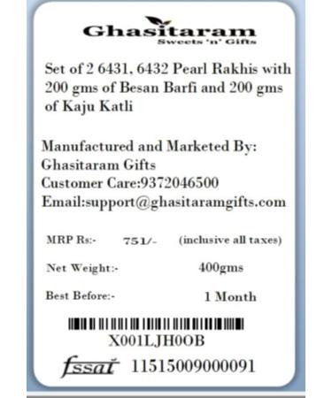 Ghasitaram Gifts Rakhi for Brother Rakhis Online - Set of 2 6431 6432 Pearl Rakhis with 200 GMS of Besan Barfi and 200 GMS of Kaju Katli - Buy Online on GoSupps.com