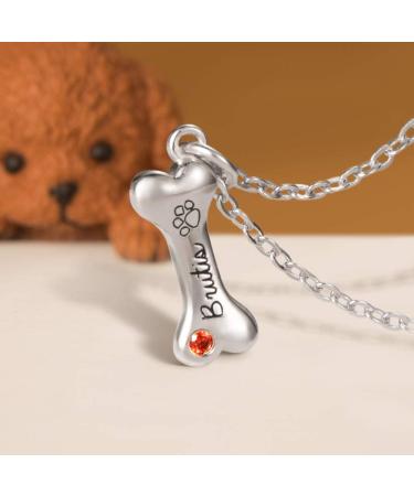 Dog Bone Necklace Personalised Engraved Pet Name & Birthstone for Women Girl - Sterling Silver Paw Print Charm Necklace Gift for Pet Lover - Buy Online on GoSupps.com