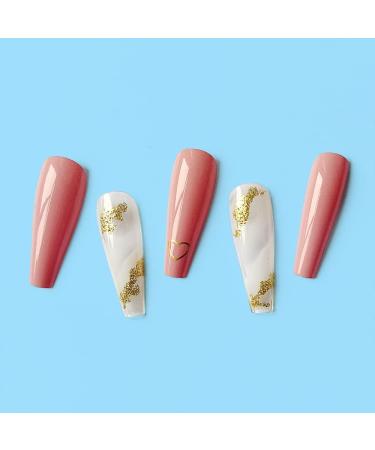 Glitter Gold Coffin Press on Nails - 24pcs Nude & Pink Black Acrylic Stick on Nails with Glue Sticker for Women and Girls - Fashionable False Nails - Buy Online on GoSupps.com