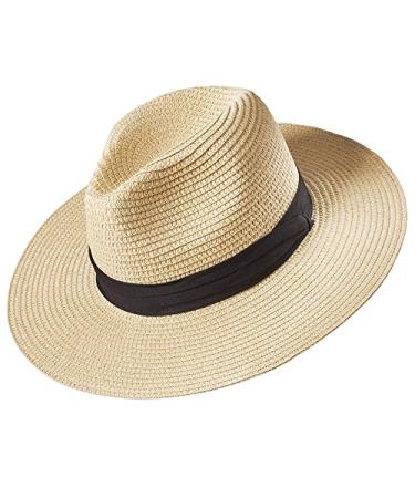 Deluxe Wide Brim Straw Panama Hat, Roll Up Fedora Beach Sun Hat UPF50+, Color Choice, Adjustable Panama Hats for Women or Men Beige