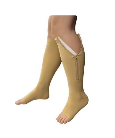 NEW Open Toe Knee Length Zipper Up Compression Hosiery Calf Leg Support Stocking Beige L/XL