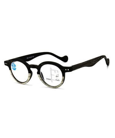 Fashion Wood Grain Round Frame Reading Glasses for Men Women Progressive Multifocus Anti Blue Light Readers(Couleur:Noir Grandeur:1.5x)