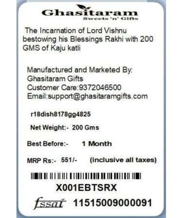 Ghasitaram Gifts Rakhi for Brother Rakhis Online- The Incarnation of Lord Vishnu bestowing his Blessings Rakhi with 200 GMS of Kaju katli - Buy Online on GoSupps.com