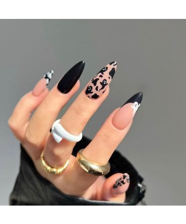 24 Pcs Halloween Press on Nails Medium Almond - MINGCHUN Black Matte Fake Nails Press ons Nail Art Tips Ghost Design Full Cover Acrylic False Nails on Nail on Nails for Women and Girl I3