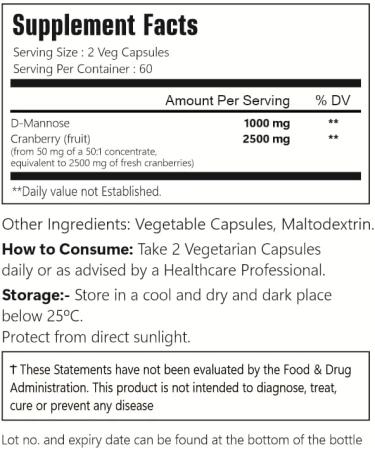 VitaCosmoX D-Mannose with Cranberry Extract Vegan Capsules 120 Count 3500 mg Blend 100% Vegetarian Non-GMO & Gluten Free - Buy Online on GoSupps.com