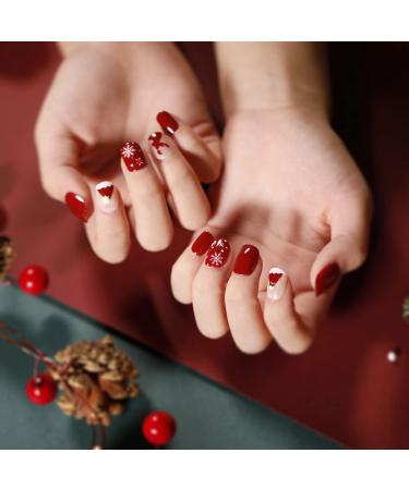 Christmas False Nails - Red Press on Nails with Snowflakes, Elk, and Snowman Design (24pcs) - For Women and Girls - Buy Online on GoSupps.com