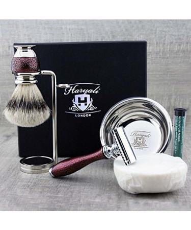 Premium 5-Part Razor Set for Men | Silver Tip Brush De Razor Planer Double Stand & Haryali London Soap - International Shipping Available - Buy Online on GoSupps.com