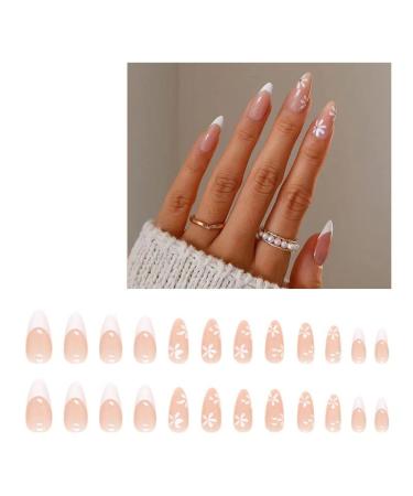 24 Pieces Fresh Floral Almond Fake Nail Press Nail Removable Fake Nail Tip Purple Band Design Nail Art Patch (Color : 09)