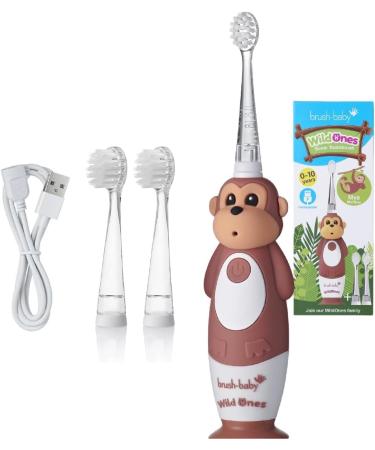 Brush-Baby WildOnes Kids Electric Rechargeable Toothbrush 1 Handle Brush Head USB Charging Cable for Ages 0-10 (Monkey)