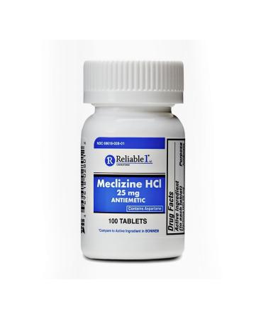 RELIABLE 1 LABORATORIES Meclizine 25 mg Generic Bonine Motion Sickness (100 Chewable Tablets, 1 Bottle) - Helps Prevent nausea, vomiting, and dizziness caused by motion sickness 100 Count (Pack of 1)