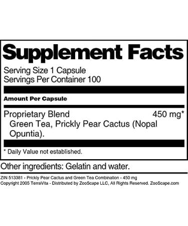 Prickly Pear Cactus and Green Tea Combination - 450 mg (100 Capsules ZIN: 513381) - Buy Online on GoSupps.com