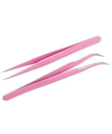 AKOAK 2 Pieces Stainless Steel Tweezers for Eyelash Extension - Straight and Curved Tip Tweezers - Pink