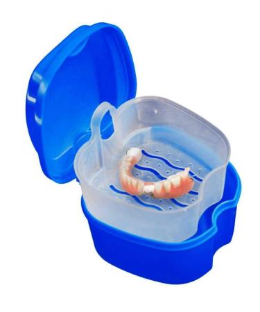 Denture Box Case, Riforla Denture Bath Box Case Dental False Teeth Storage Box with Hanging Net Container (Dark Blue)