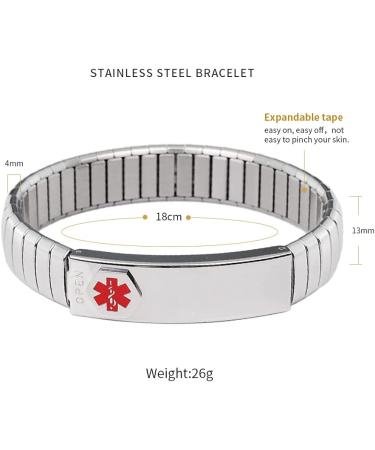 Expandable Medical Alert Bracelet 13mm Width - Diabetic Type 2 - 18cm - Privacy Lift-Up Section - Includes Medical Info Card - Men & Women - Buy Online on GoSupps.com