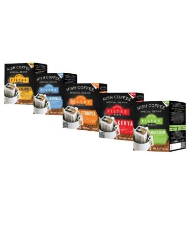 Nishcoffee Colombia- Guatemala- Ethiopia- Kenya-High Caffeine Practical One Cup Filter Coffee Set of 5