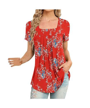 Womens Summer Tops Dressy Casual Square Neck T-Shirts Floral Print Cute Tees Loose Fit Comfort Blouses Flowy Top #02-red Large