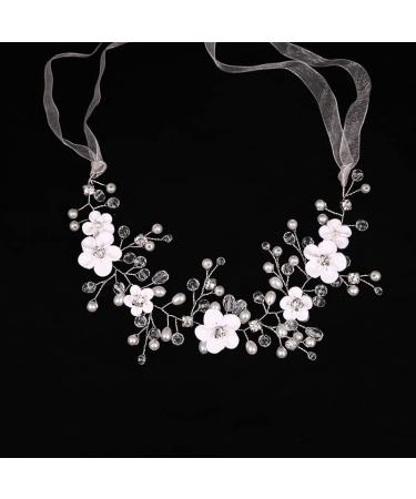 Komunj flower hair jewelry for brides with pearls wedding hair vines silver crystal hair part bride hair accessories for women and girls (silver)