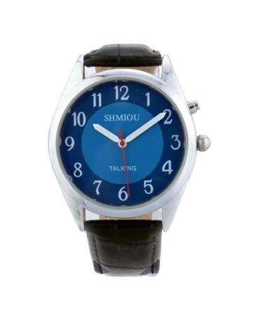 SHMIOU English Talking Watch for Men for The Blind Visually Impaired Elderly Black PU Leather Watch Band Blue Dial Speaking Wrist Watch Quartz with Alarm