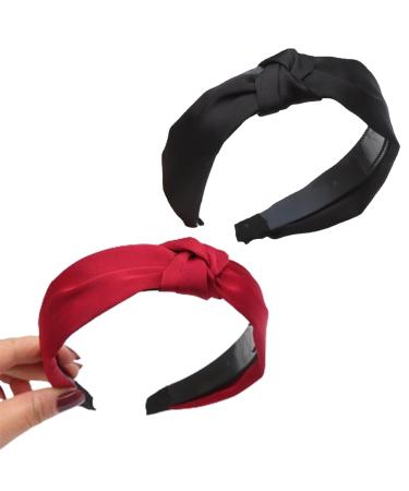 YOCDNOV 2 Pieces Hair Headbands - Thick Knot Headband Non-Slip Fabric Knot Scarf for Women Elastic Turban Knotted Headband Hair Band for Women (Red+Black)